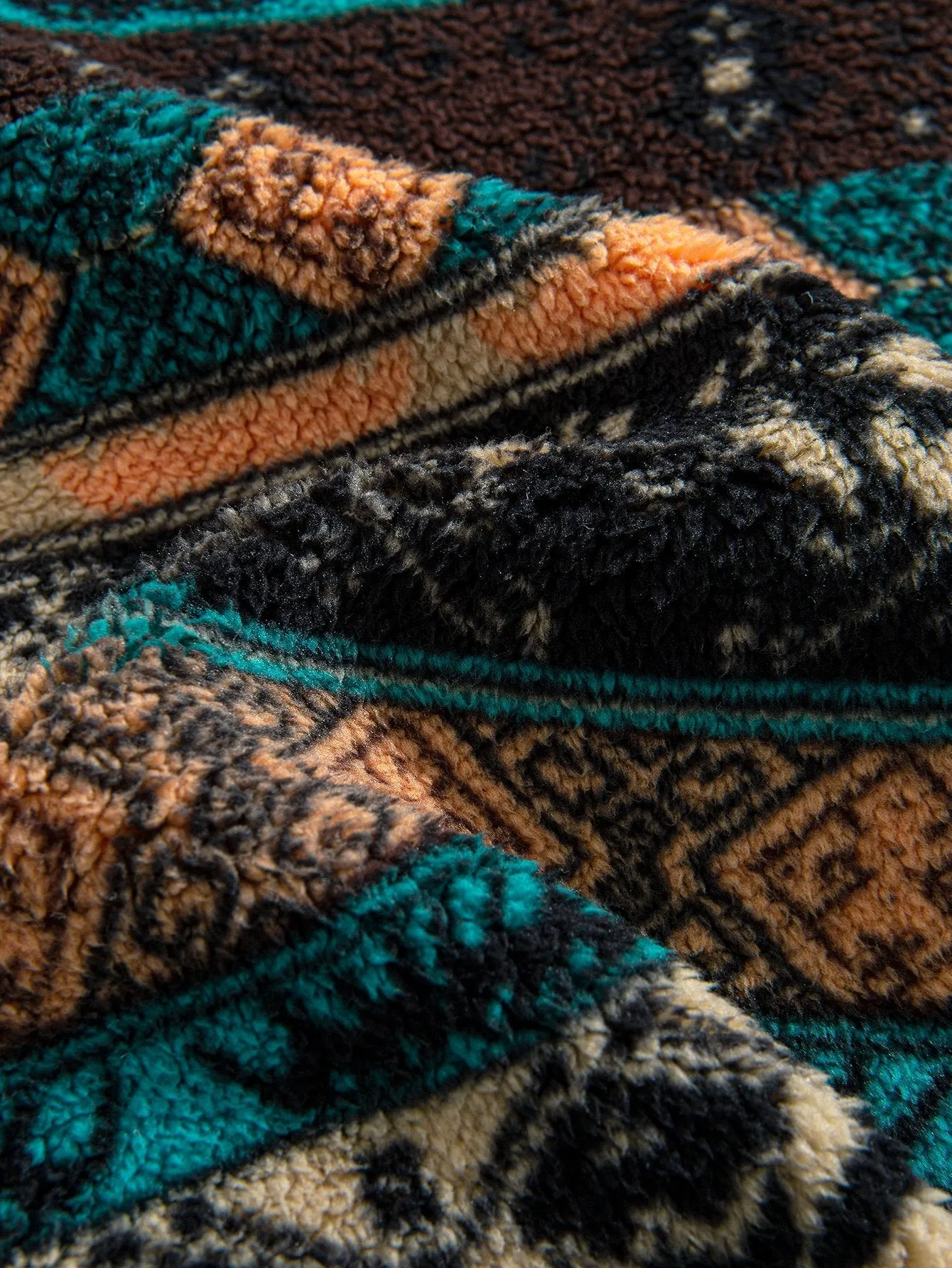 Ethnic Geometric Teddy Fleece Hoodie & Drawstring Corduroy Cargo Jogger Pants