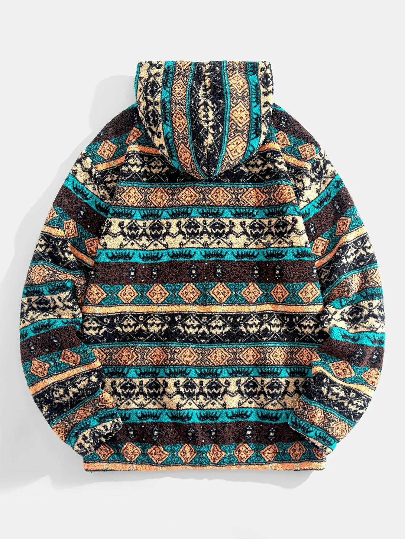 Ethnic Geometric Teddy Fleece Hoodie & Drawstring Corduroy Cargo Jogger Pants