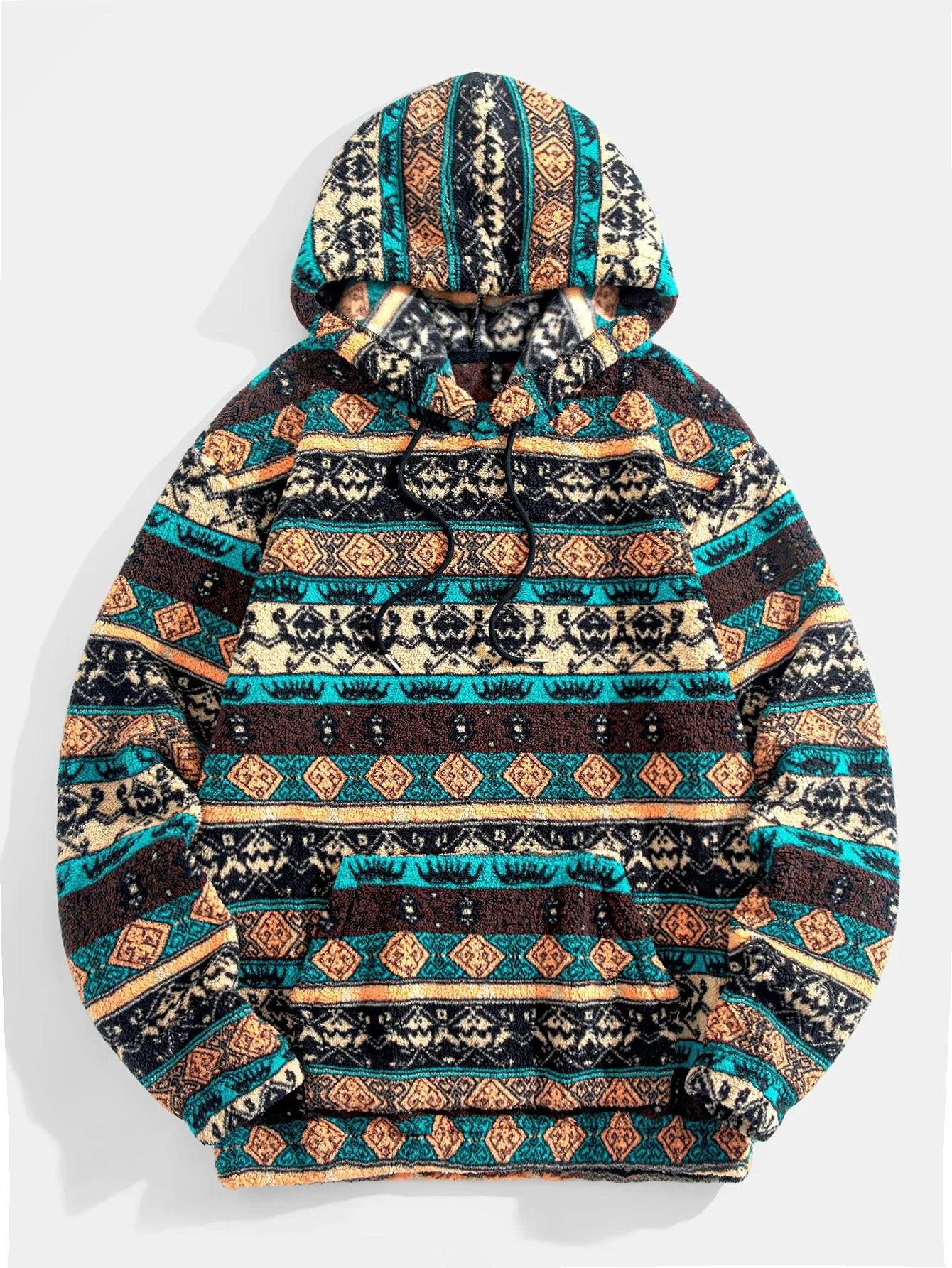 Ethnic Geometric Teddy Fleece Hoodie & Drawstring Corduroy Cargo Jogger Pants