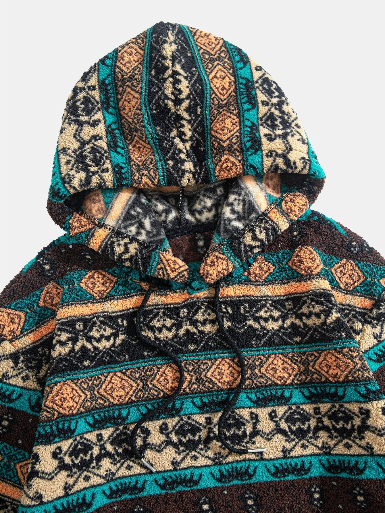 Ethnic Geometric Teddy Fleece Hoodie & Drawstring Corduroy Cargo Jogger Pants