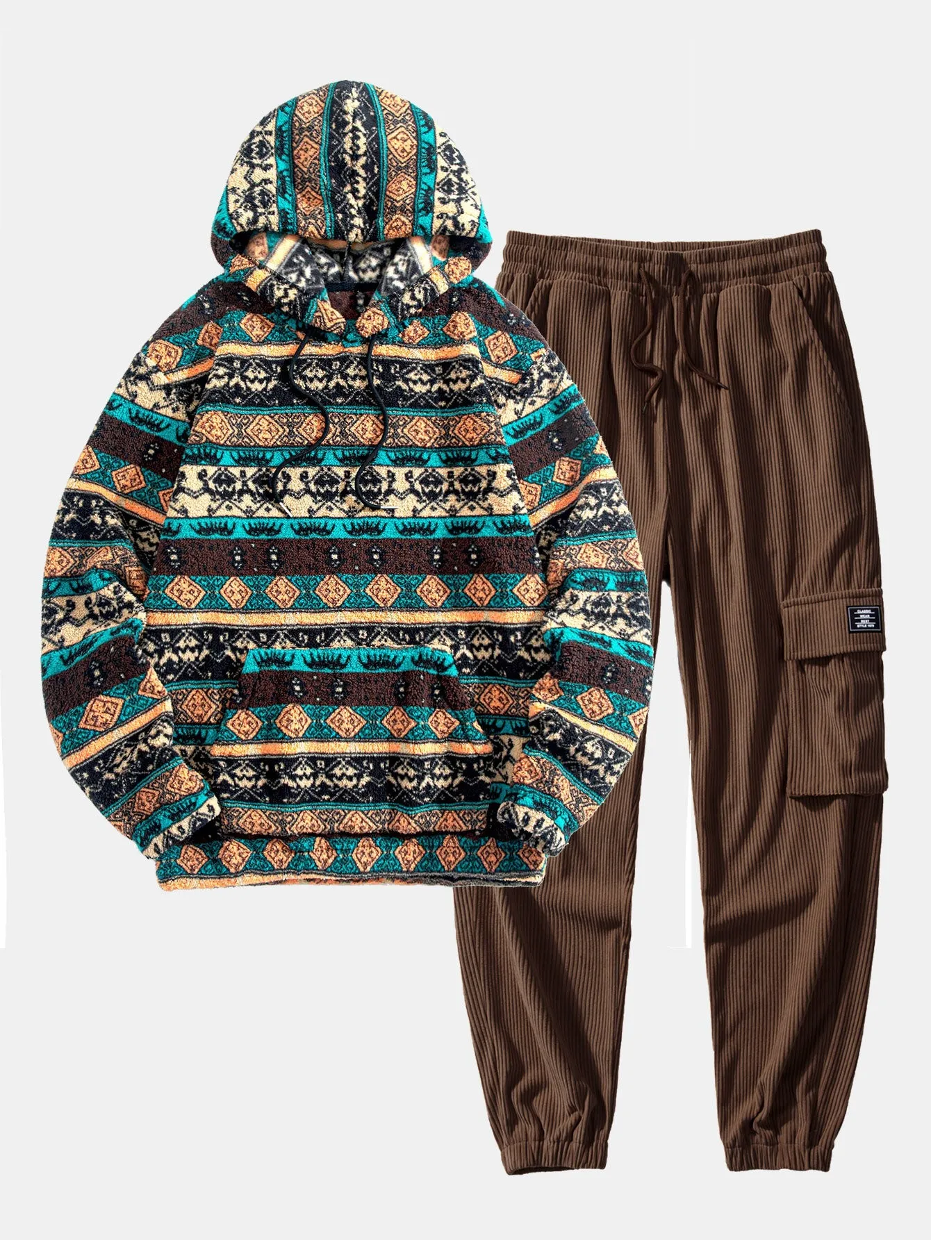 Ethnic Geometric Teddy Fleece Hoodie & Drawstring Corduroy Cargo Jogger Pants