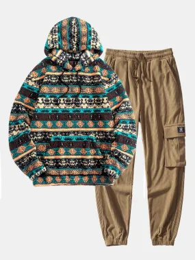 Ethnic Geometric Teddy Fleece Hoodie & Drawstring Corduroy Cargo Jogger Pants