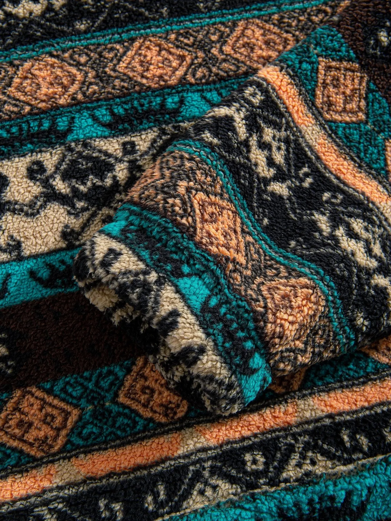 Ethnic Geometric Teddy Fleece Hoodie & Drawstring Corduroy Cargo Jogger Pants