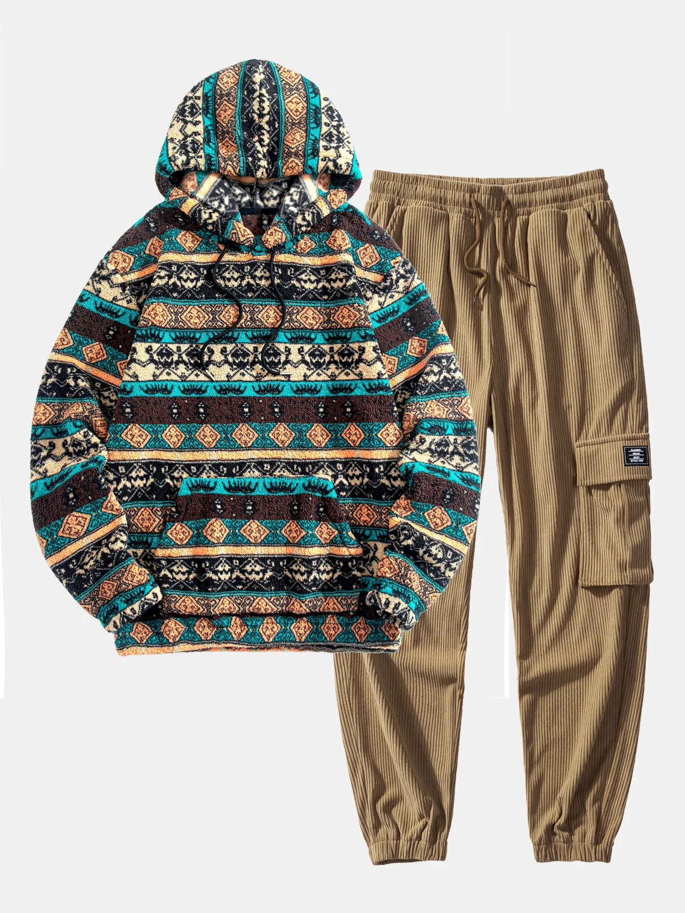 Ethnic Geometric Teddy Fleece Hoodie & Drawstring Corduroy Cargo Jogger Pants