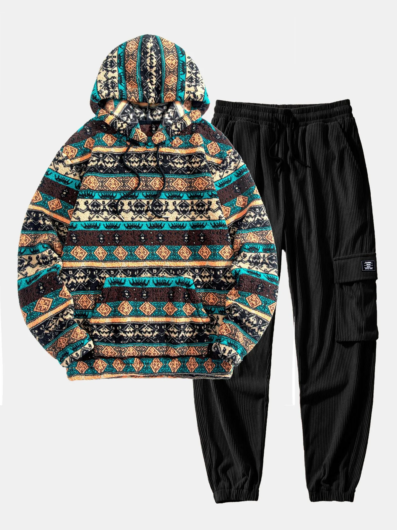 Ethnic Geometric Teddy Fleece Hoodie & Drawstring Corduroy Cargo Jogger Pants